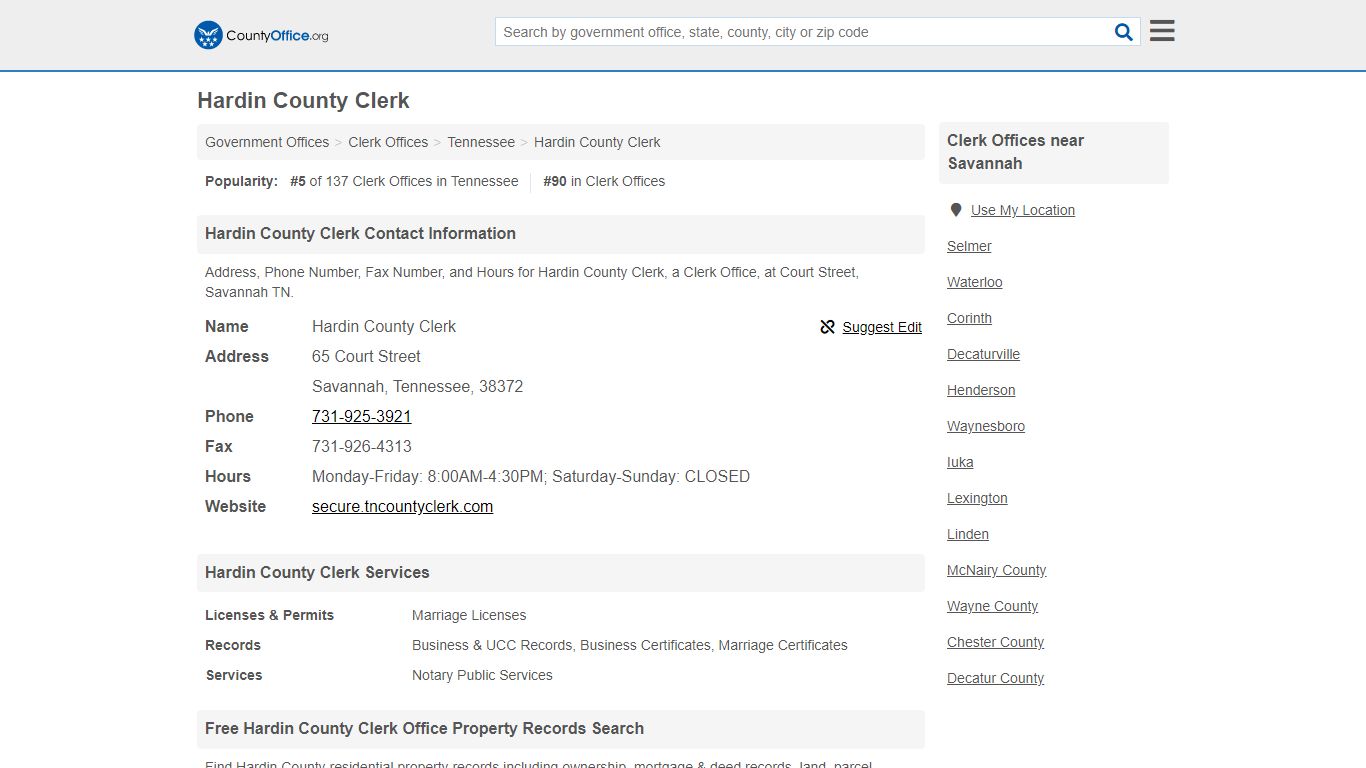 Hardin County Clerk - Savannah, TN (Address, Phone, Fax, and Hours)